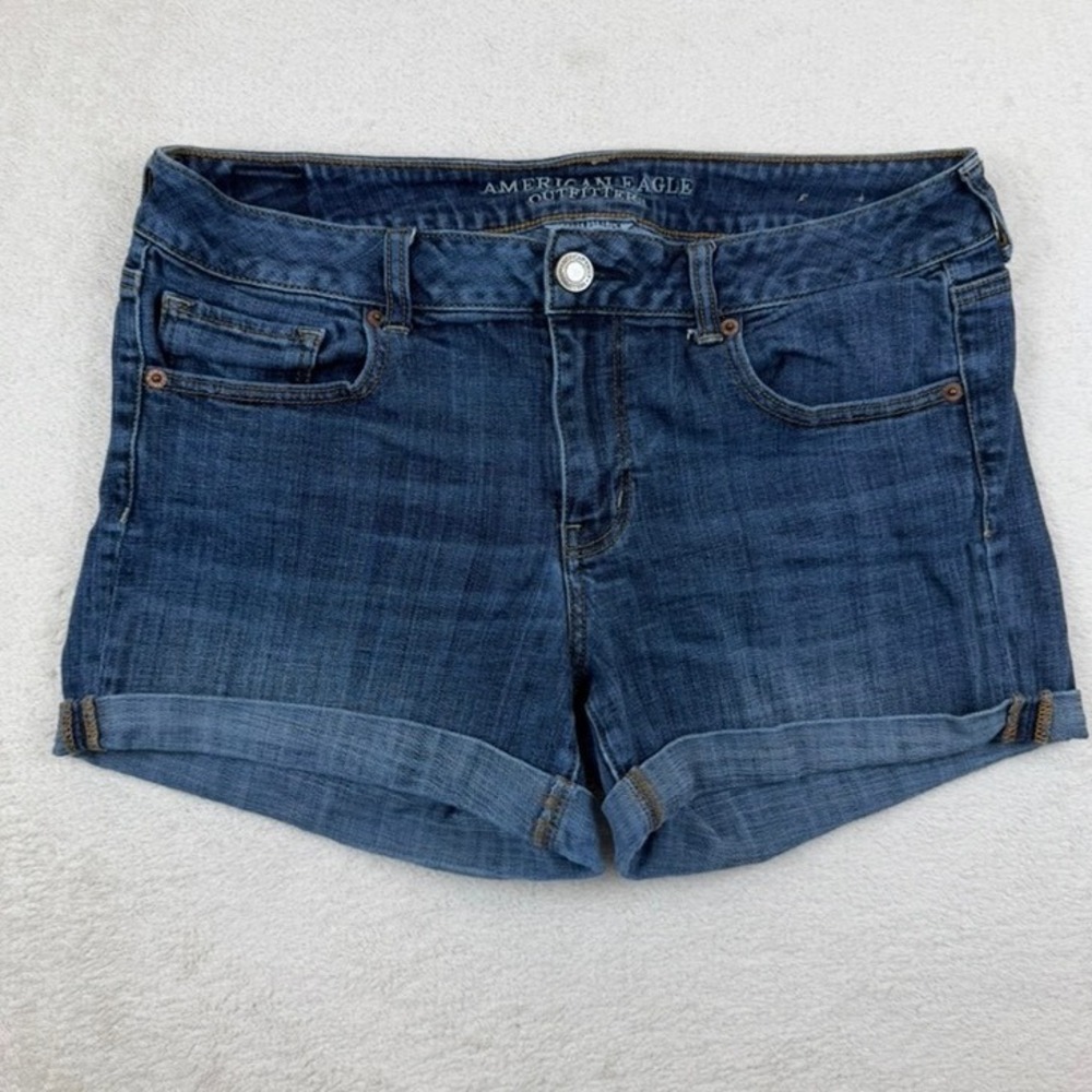 American Eagle Outfitters Midi Denim Shorts Dark Wash Super Stretch Cuffed Sz 14